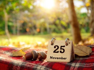 Wooden calendar showing November 25, sunny autumn day in park, red checkered blanket with acorns and leaves, cozy festive mood