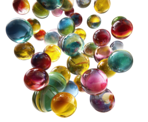 Colorful glass marbles in mid-air abstract bright colors isolated on transparent background, png