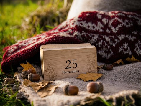 Wooden calendar showing November 25, sunny autumn day in park, red checkered blanket with acorns and leaves, cozy festive mood