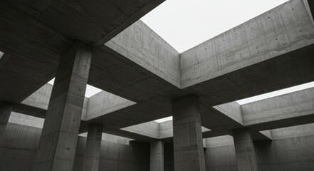 Modern architecture featuring industrial concrete columns and beams forming a minimalistic open ceiling structure