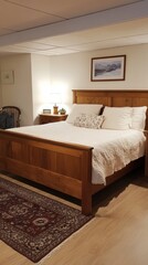 Warmly Lit Bedroom Featuring a Classic Wooden Bed with a White Quilted Bedspread