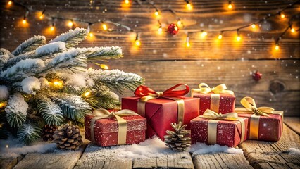 Festive christmas presents nestled beside a snowcovered fir branch, illuminated by warm fairy lights against a rustic wooden backdrop, evoking holiday cheer