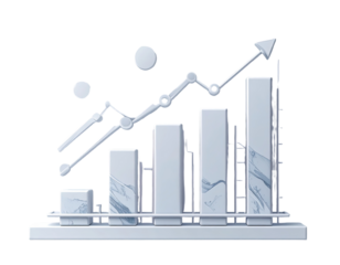 White marble 3D graphic of a rising graph, with columns and circles, set on a base