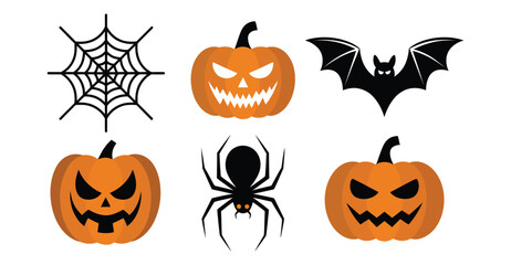 Set of six Halloween silhouettes including spider web, carved pumpkins, bat, spider, and spooky icons, ideal for festive seasonal designs