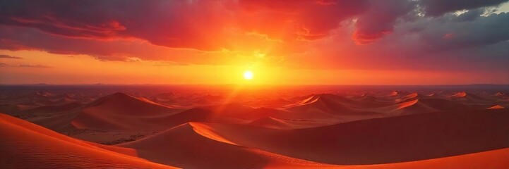 Fiery sunset over a vast desert landscape, sand dunes glowing with intense heat Perfect for travel, adventure, and nature projects , intense, wildness, view