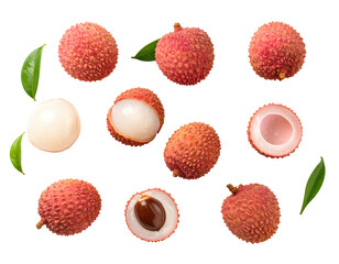 Fresh lychees, whole and halved, with leaves