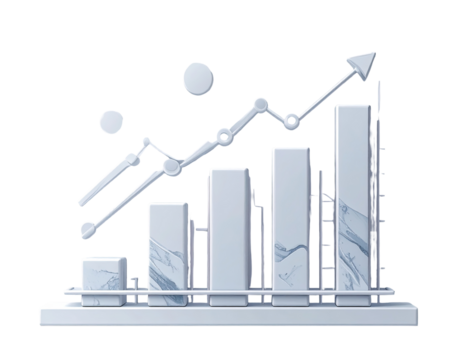 White marble 3D graphic of a rising graph, with columns and circles, set on a base