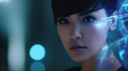 Futuristic woman with glowing digital interface