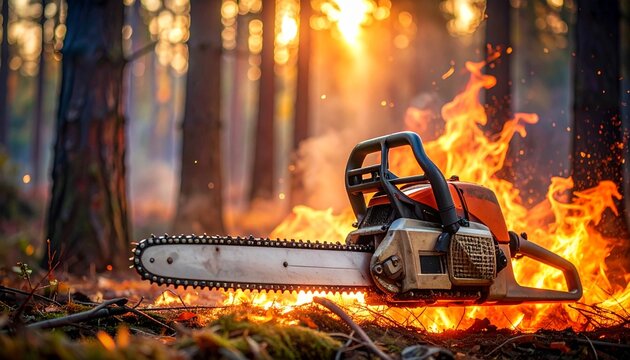 a chainsaw on fire