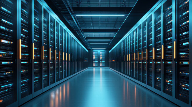 Futuristic data center server rack network storage cybersecurity pulses through glowing corridor, cool blue light reflects metal floor - Powered by Adobe