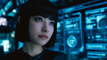 Futuristic woman studies glowing data screens