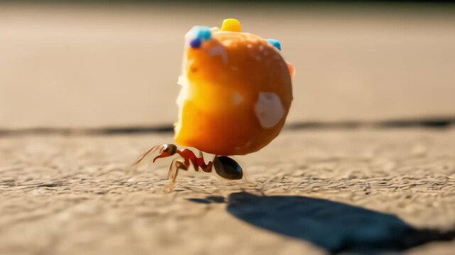 A tiny ant shows immense strength, carrying a large colorful crumb across a sunlit pavement