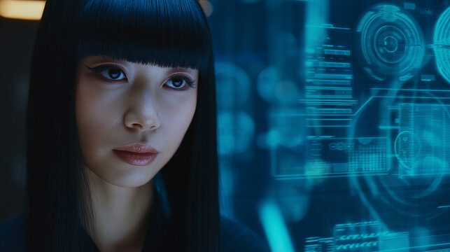 Futuristic woman analyzes complex data streams - Powered by Adobe