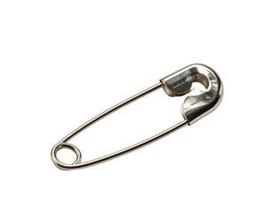 A single safety pin, metallic silver, lies diagonally on a plain black background.  The pin's head is rounded and slightly curved.  The pin's body is straight, and a small ring is at its bottom