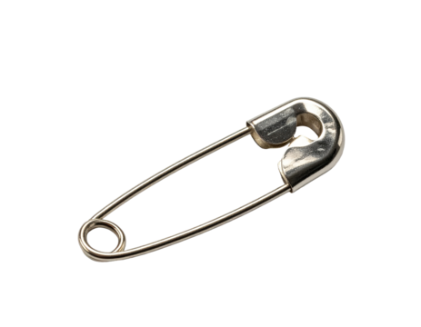 A single safety pin, metallic silver, lies diagonally on a plain black background. The pin's head is rounded and slightly curved. The pin's body is straight, and a small ring is at its bottom - Powered by Adobe