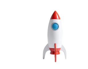 Isolated white rocket with red accents, pointed nose, and light teal circular window