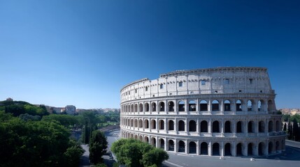 A beautiful view of the ancient Roman Colosseum under a clear blue sky. This iconic landmark showcases stunning architecture. Perfect for travel and history themes. AI
