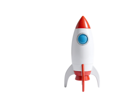 Isolated white rocket with red accents, pointed nose, and light teal circular window