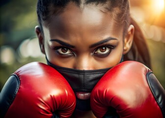Focused african woman with boxing gloves ready for action, embodying strength, determination, and resilience, showcasing the spirit of female empowerment and athletic prowess