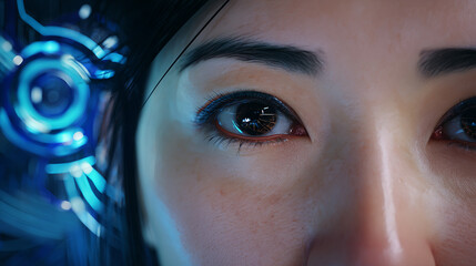 Futuristic eye sees glowing digital data streams