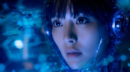 Futuristic woman in cybernetic headset explores data