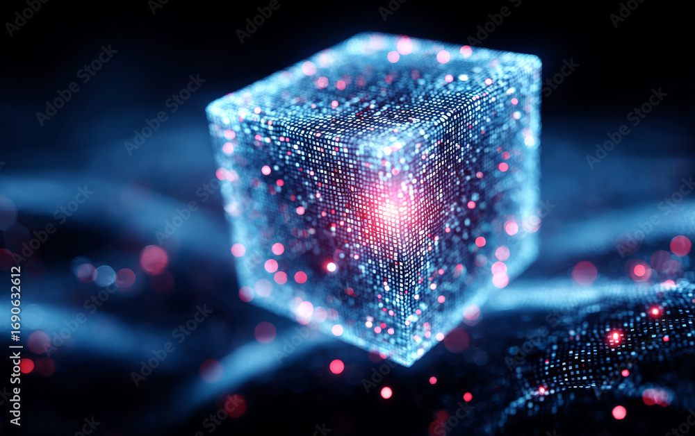 Poster a futuristic digital cube with glowing particles and intricate patterns