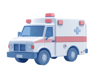 Cartoonish white ambulance, simple design, pastel colors, light-toned, 3D model, front view