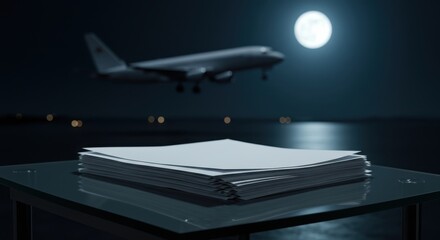 Stack of white papers on glass table with airplane and full moon in dark night sky