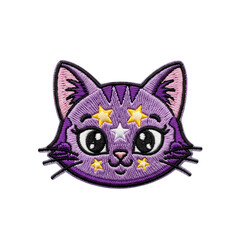 Fototapeta premium An adorable purple cat face embroidered patch featuring cute eyes and golden stars, suitable for various craft projects and fashion embellishments.
