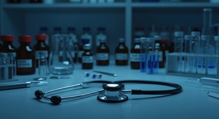 Stethoscope on a laboratory bench surrounded by vials and scientific instruments