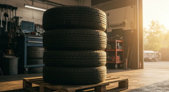 Stack of four new car tires on a wooden pallet in a sunlit auto repair shop garage