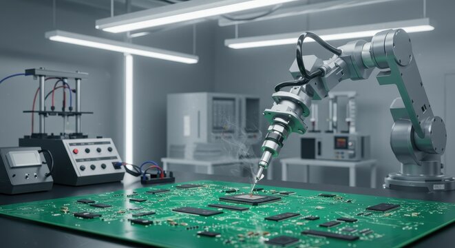 Robotic arm soldering microchip on green circuit board in high tech electronics laboratory