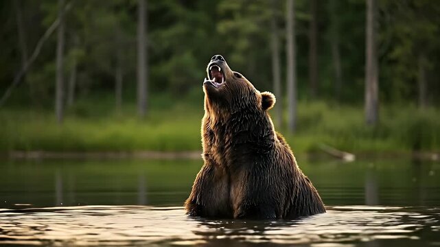 A powerful brown grizzly bear roaring aggressively while standing in a lake with a forest in the background.