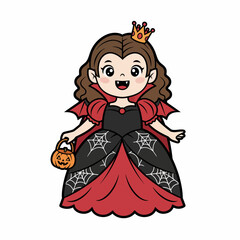 Fototapeta premium Cartoon illustration of a young girl dressed as a vampire princess holding a pumpkin basket.
