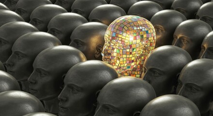 Obraz premium Shining mosaic head standing out from a uniform crowd of dark metallic profiles