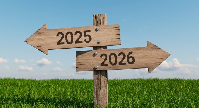 Wooden arrow signs pointing to 2025 and 2026 on a post in a green field under blue sky
