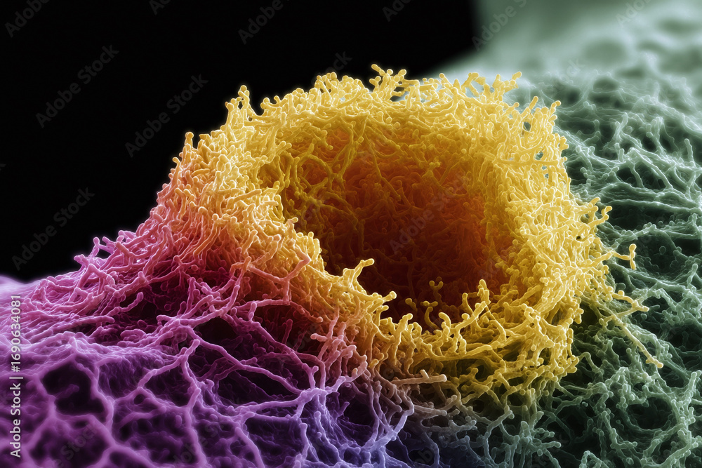 Poster intricate abstract featuring cellular structures. a microscopic organic texture with vivid colors an