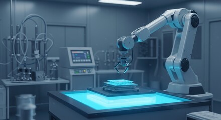 Robotic arm precisely placing a bio sensor on a glowing blue testing platform in a modern laboratory