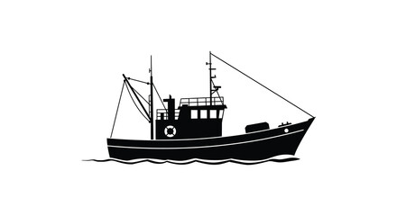 a simple black and white drawing of a fishing boat
