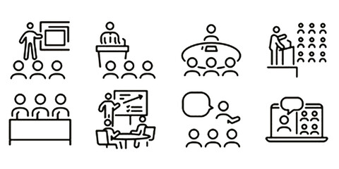 Presentation icon set. Thin line editable stroke icons for public speaking, panels, keynote, live conferences, speeches, discussions, communication and educational events