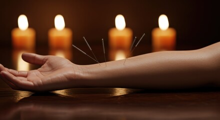 Traditional acupuncture treatment with needles on a woman arm and blurred candles