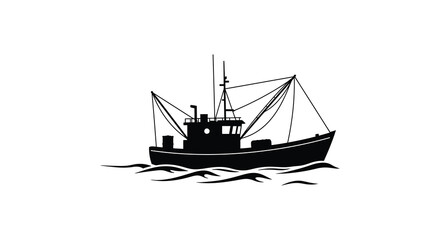 a black silhouette of a fishing boat on wavy sea