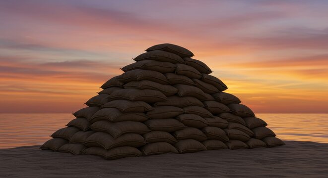 Pyramid of sandbags on a tranquil beach at sunset with vibrant orange and pink sky