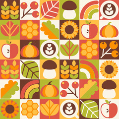 Abstract natural geometric background. Autumn theme, plants, leaves, sunflower, rainbow, coffee, mushroom, pumpkin, apple and berries. Seamless pattern. Vector illustration. 