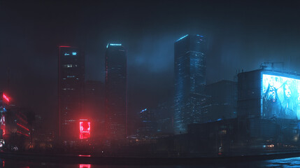 Futuristic neon city skyline at night