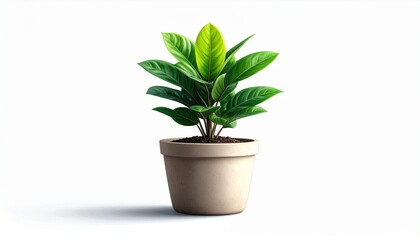 Fototapeta premium Vibrant Green Houseplant in a Beige Pot, Isolated on White Background
