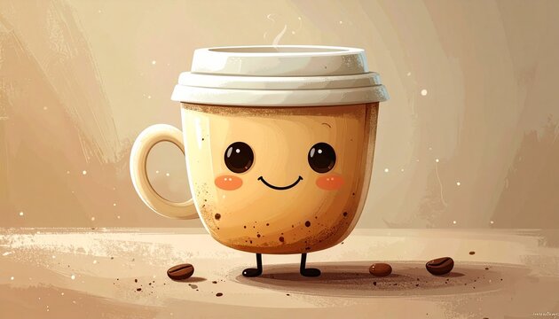 Cute cartoon coffee cup character with a lid and coffee beans on the ground, smiling.