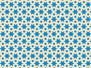 Blue star pattern on beige background, seamless and geometric.