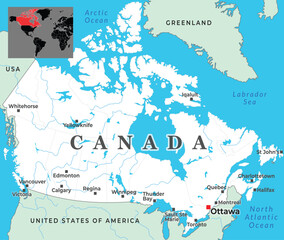 Map of Canada showing provinces, major cities, and inset highlighting its global location in North America