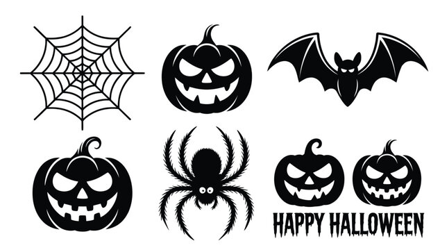 Set of six Halloween silhouettes including jack-o'-lanterns, spider, bat, and web, perfect for spooky festive design and decorations